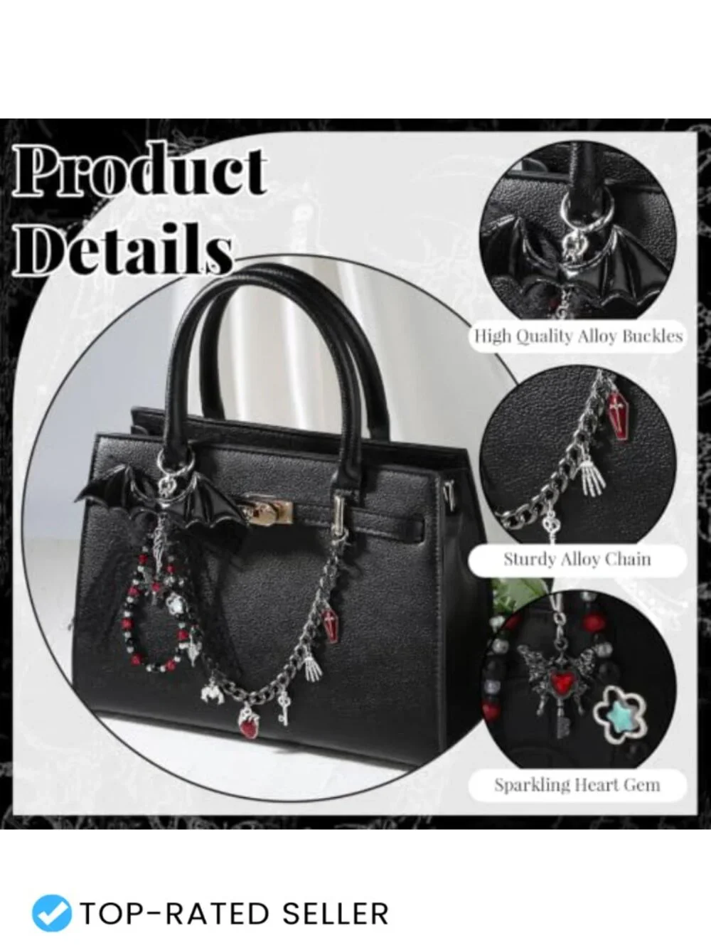 Gothic Y2K Bow Bag Charms Keychain Set with Bat Heart Charms - Purse Accessories